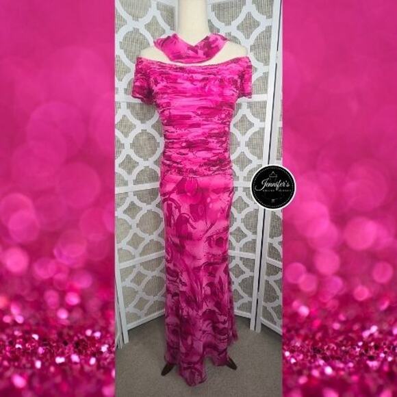Capri by Mon Cheri Hot Pink Ruched Beaded Bodice A-Line Flared Long Dress 10/12 - Picture 1 of 14